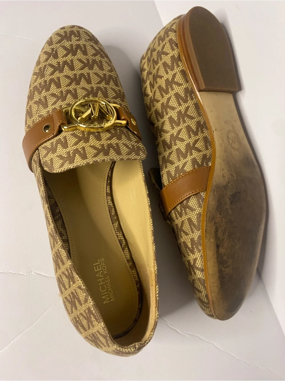 Michael Kors Brown Logo Canvas Slip-On Loafers with Gold MK Accent